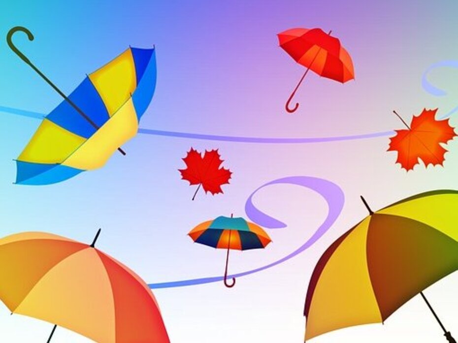 Bunte Regenschirme und Herbstblätter als Symbol für Witterungsschutz