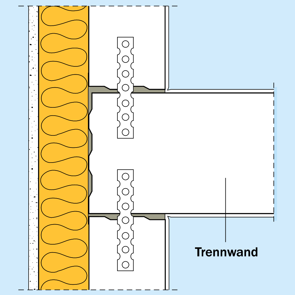 Schema der KS-Stumpfstoßtechnik bei durchlaufender Wohnungstrennwand